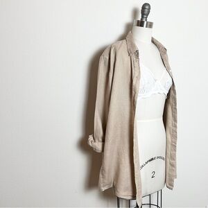 100% Linen Oversized Boyfriend Style Beige Button-Up Shirt Size Small/Medium